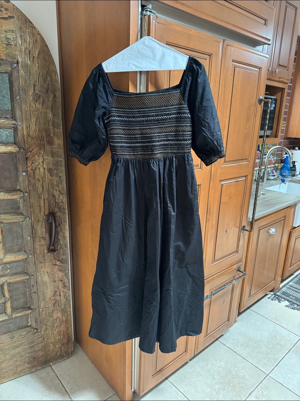 Old Navy Black Maxi Dress with Smocked Multicolor Bodice and Puff Sleeves
